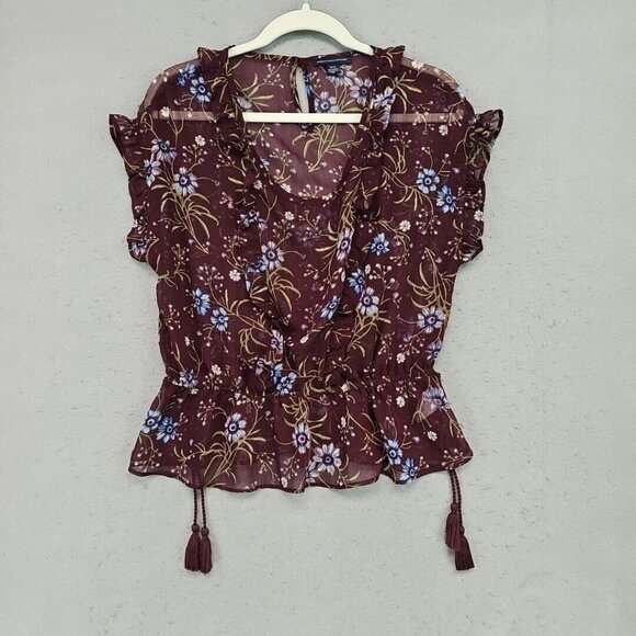 American Eagle Peasant Top Womens S Plum Floral Sheer Chiffon Tasseled Boho Chic - Picture 1 of 7